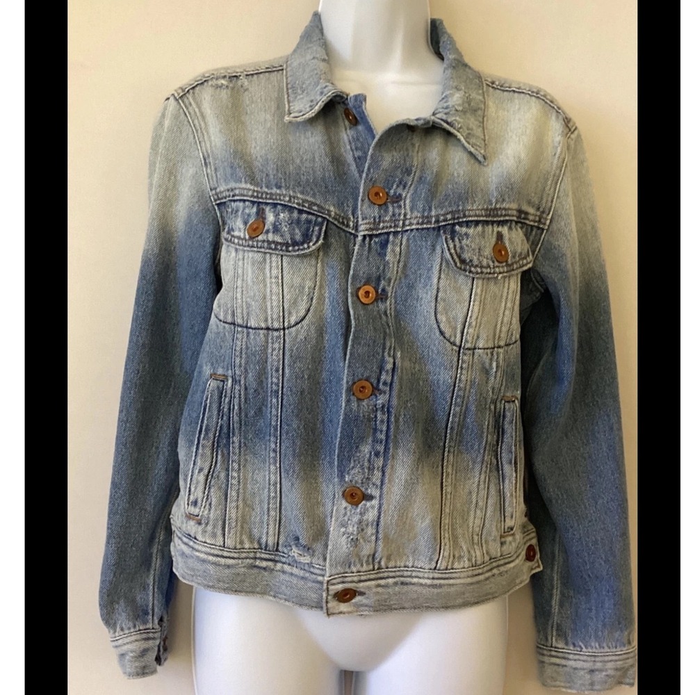 NSF Womens Blue Ombre Distressed Denim Trucker Jacket Made in USA Small Faded - Picture 2 of 11